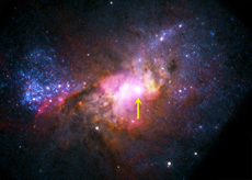 ́AV̐͂̋߂ɂ⏬Henize2-10ɂA县ʂ̃ubNz[B͂̑ʂƔrāAubNz[̎ʂ傫Bi񋟁FX-ray (NASA/CXC/Virginia/A.Reines et al); Radio (NRAO/AUI/NSF); Optical (NASA/STScI)j