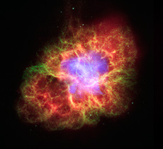 ɐ_B1054Nɔ̖cBVȂǉF̌ϑ@킪An̐ɉpBi񋟁FX-ray: NASA/CXC/ASU/J.Hester et al.; Optical: NASA/ESA/ASU/J.Hester & A.Loll; Infrared: NASA/JPL-Caltech/Univ. Minn./R.Gehrzj