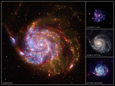 101BVwł͈قȂgŉFϑBEォXBBdgŌ摜B͂3ނ̍摜Bi񋟁FX-ray: NASA/CXC/JHU/K.Kuntz et al.; Optical: NASA/ESA/STScI/JHU/K. Kuntz et al; IR: NASA/JPL-Caltech/STScI/K. Gordonj