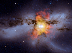 NGC6240̒SɂՓːO2̃ubNz[BnbuF]XVq`h̊ϑf[^̍摜i񋟁FX-ray iNASA/CXC/MIT/C.Canizares, M.Nowakj; OpticaliNASA/STScIjj