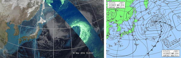 図3　左：平成26年3月10日22時の静止気象衛星の雲画像（グレースケール）にGMIの36.5GHz水平偏波チャンネルの輝度温度観測を重ねたもの