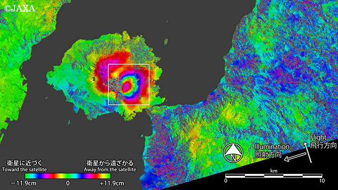「だいち2号」による桜島の干渉SAR解析の画像(JAXA解析)