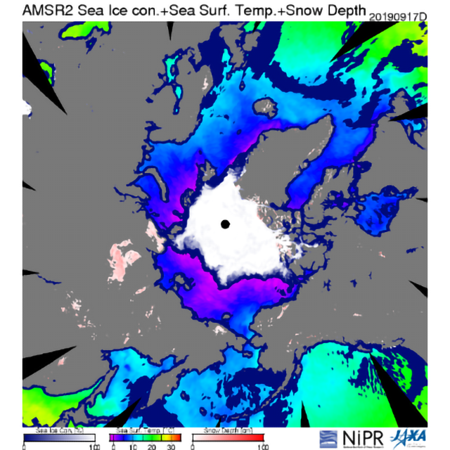 図1：JAXAの水循環変動観測衛星「しずく」の観測データによる2019年9月17日の北極の海氷分布。中心が北極点。海の色は海水温を示す。