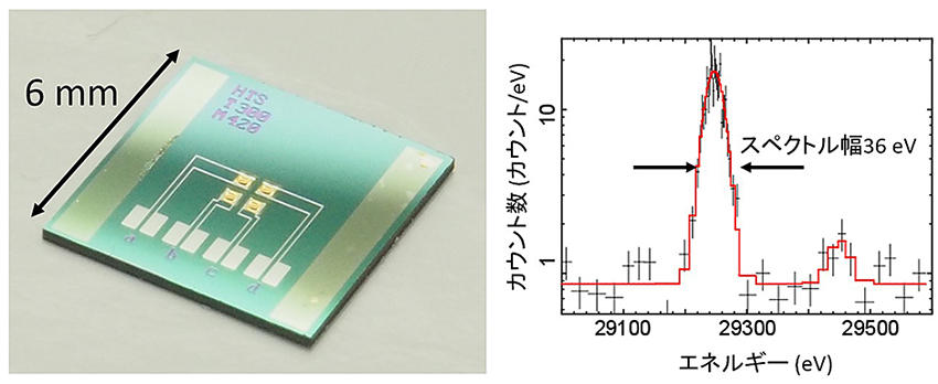 図2 本研究で開発した超伝導遷移端センサー（左）とトリウム229のガンマ線スペクトル