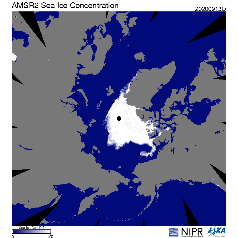図1：JAXAの水循環変動観測衛星「しずく」の観測データによる2020年9月13日の北極の海氷分布。