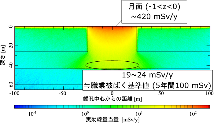 図4. 縦孔周辺領域の年間の線量分布 （©Naito et al.,2020から一部改変）