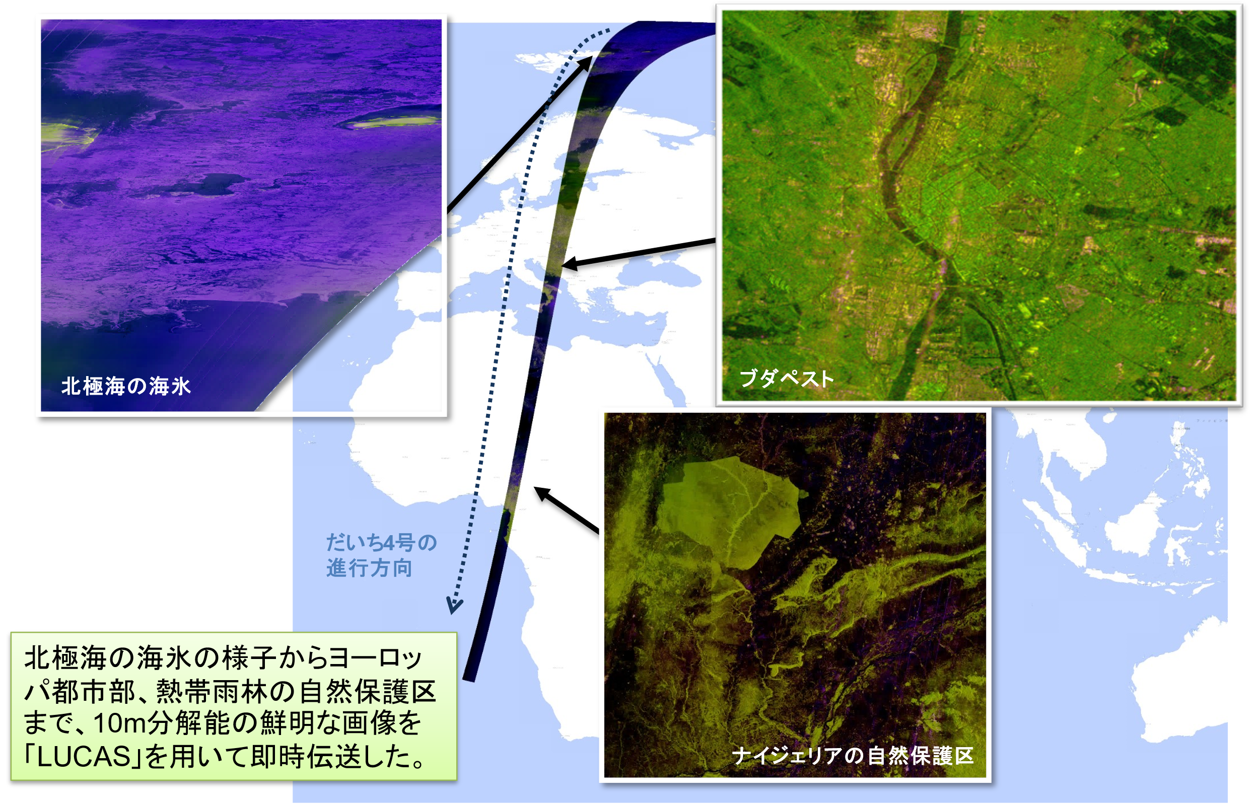 図1：「LUCAS」によってデータ伝送した「だいち4号」の観測画像。初期校正検証運用において取得 。帯状の範囲の観測データを一度にダウンリンクし、地上局直接伝送では複数のパスに分割する必要があるような大量のデータを、即時的に取得することに成功した（北極海の海氷等、観測範囲の1部を拡大して表示。疑似カラー画像処理）。