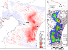 地盤沈下の解析結果。赤色が濃くなるほど沈下量が大きい。※2