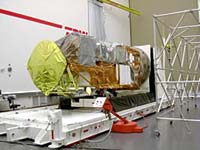 輸送前にトレーラーに搭載された衛星(手前の金色の部分がAMSR-E)