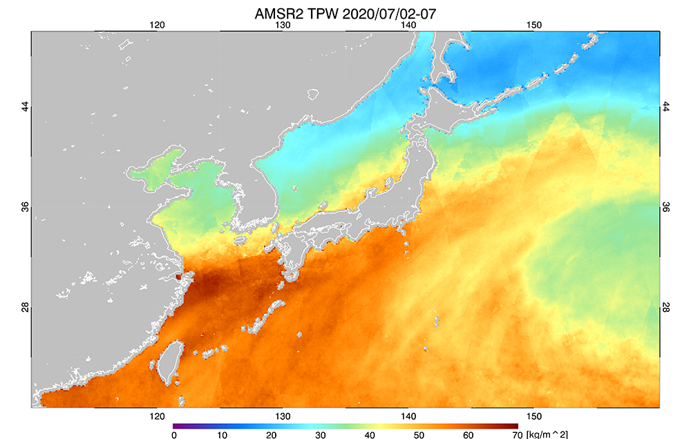 水循環変動観測衛星「しずく」による2020年7月2日～7日（日本時間）の水蒸気量（鉛直方向に積算した値）[kg/m2]
