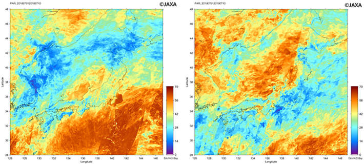 図1 気候変動観測衛星「しきさい」による2018年（左）と2019年（右）の7月上旬（1日から10日までの10日間）平均の光合成有効放射（単位Ein/m2/day）。