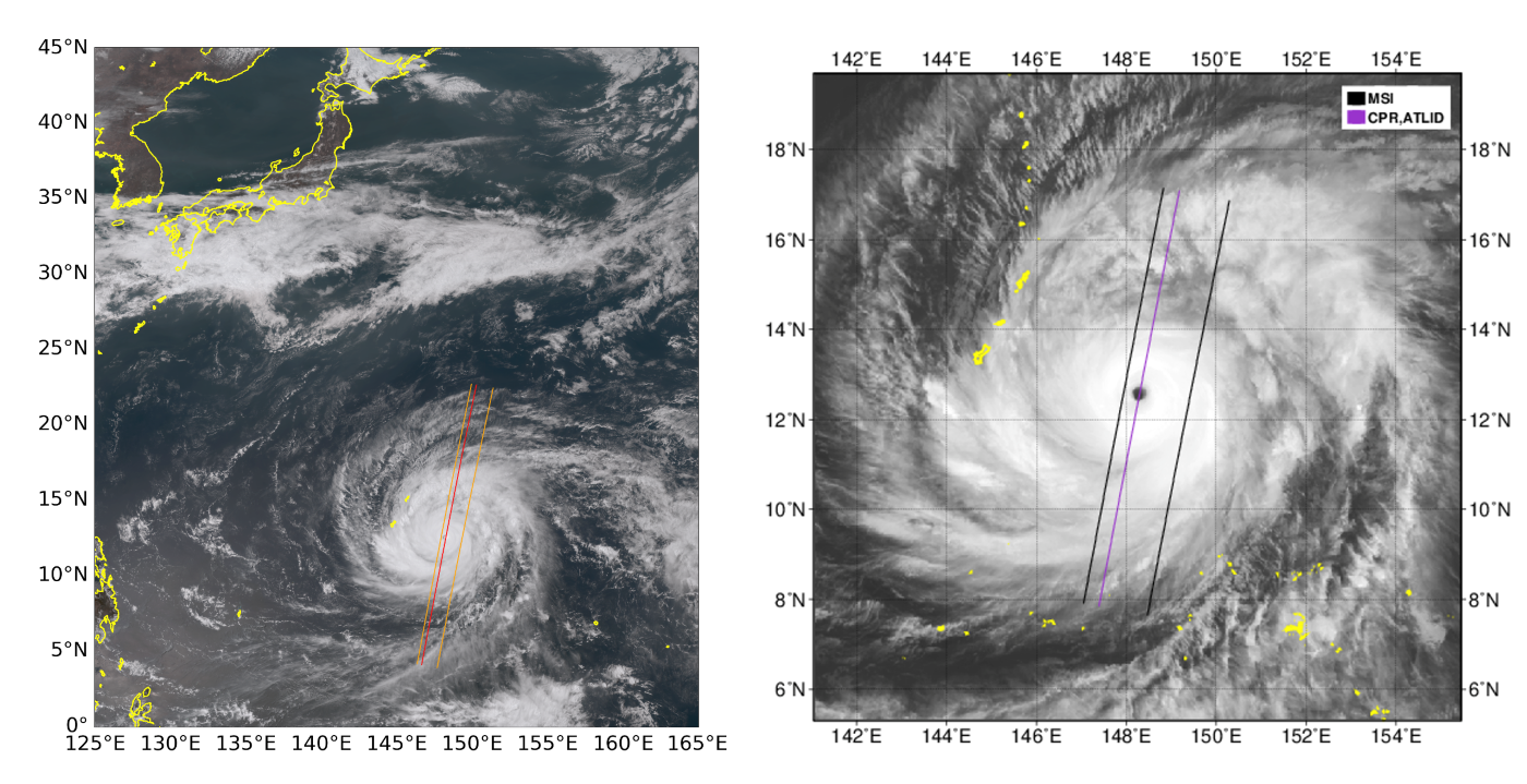 気象衛星ひまわりで見た台風４号。左：可視バンド、右：赤外バンド。図中の線は、はくりゅうの軌道（CPR/ATLIDが観測した地点）やMSIの観測幅を示す。