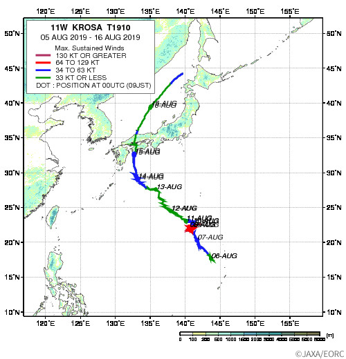 JAXA/EORC台風データーベースで提供している2019年台風10号の経路図