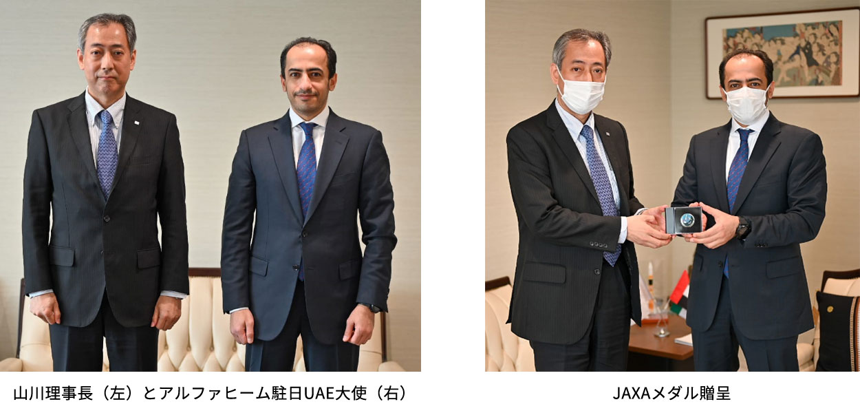 アルファヒーム駐日UAE大使(右)と山川理事長(中央)、石井理事(左)による意見交換(出典:UAE大使館)
